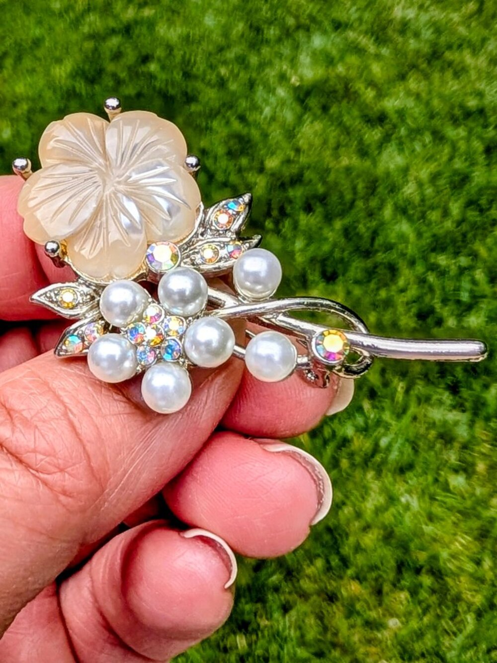 Carved Floral Element - Faux Pearls & Iridescent Rhinestones - Brooch